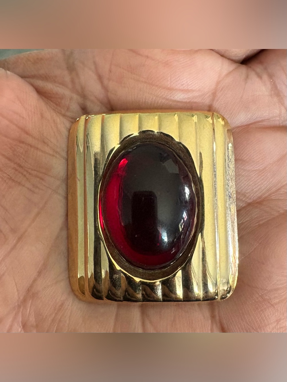 Vintage 1980’s Gold Tone Statement Brooch Red Cabochon